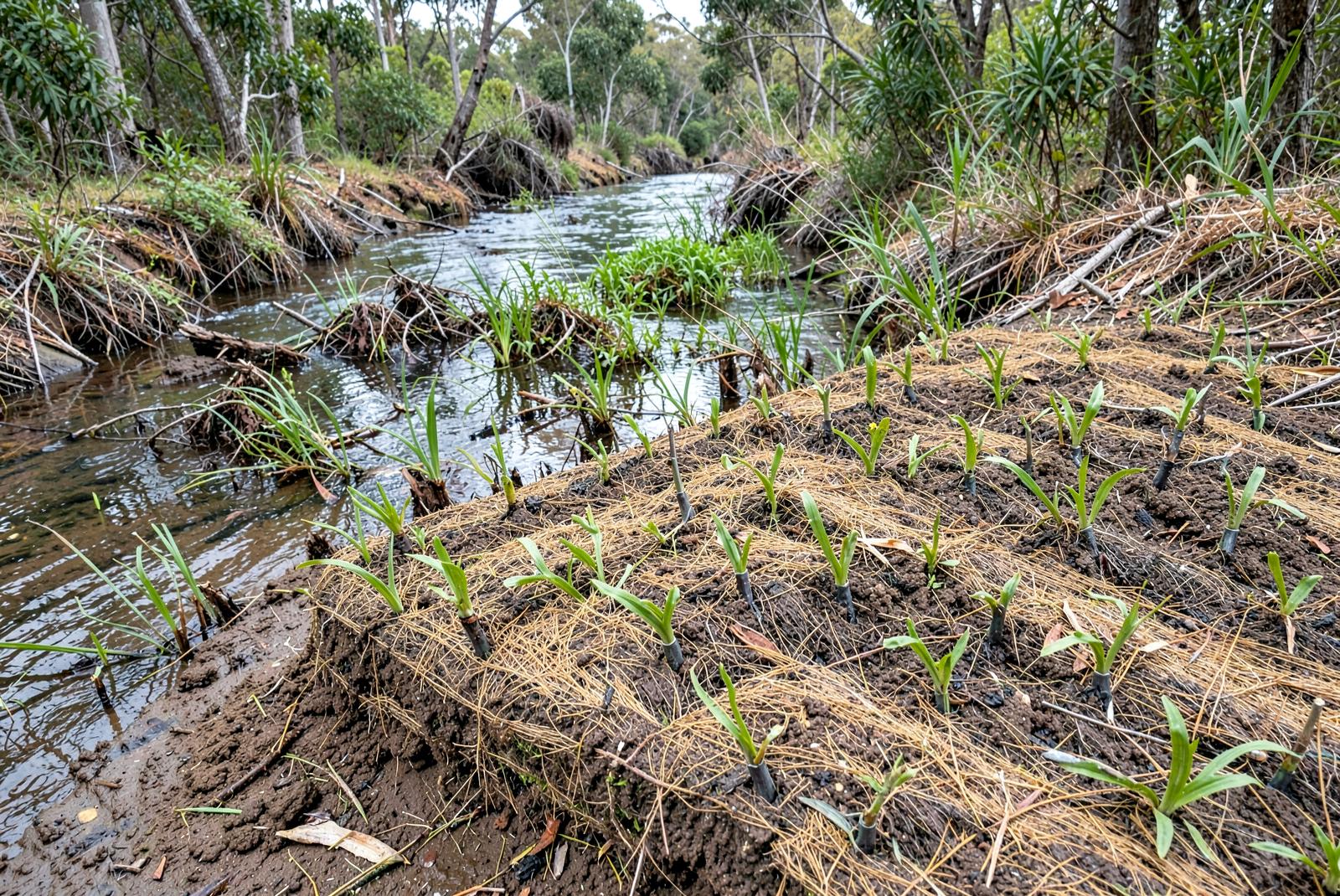 Coir erosion control matting pinned over a freshly planted creek batter with native tubestock establishing