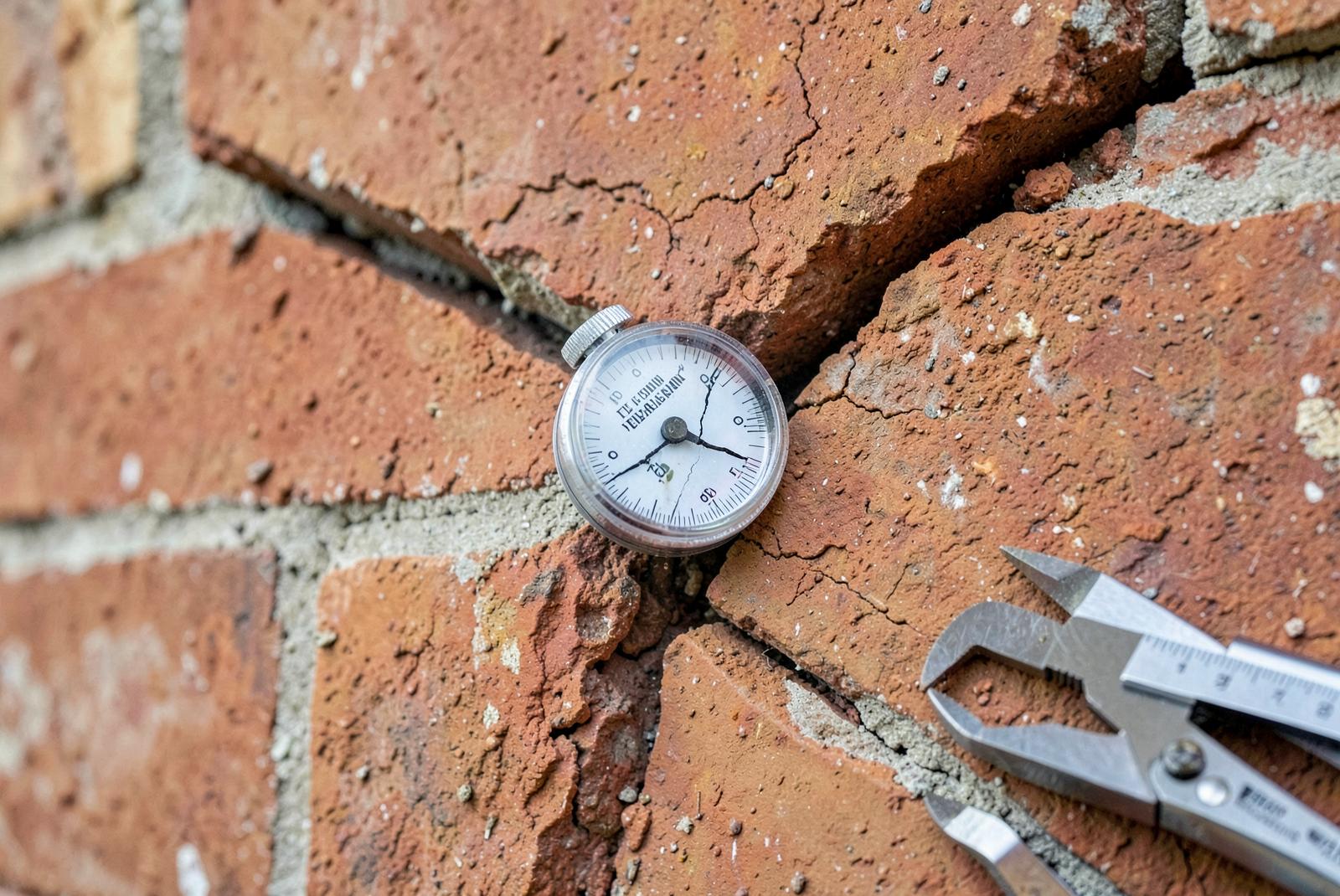 Crack monitoring gauge fixed across a stepped crack in a brick wall