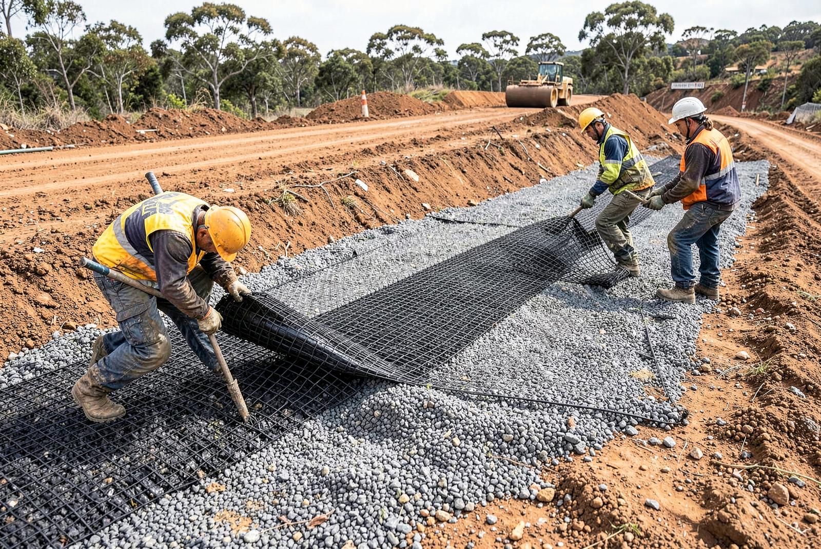 Site crew rolling out polymer geogrid reinforcement over granular fill on a road embankment