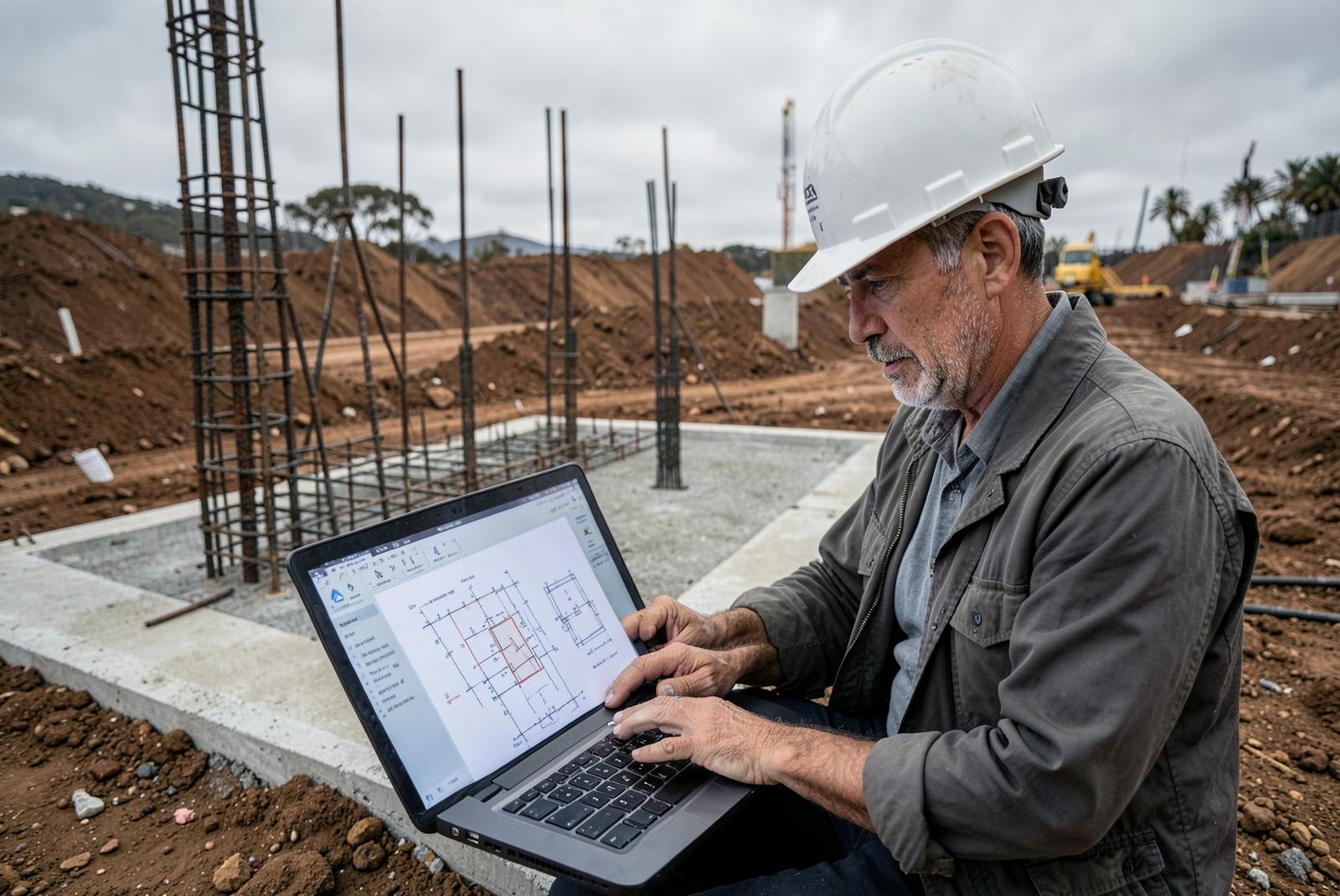 Engineer reviewing foundation design drawings beside a reinforced concrete pad footing under construction