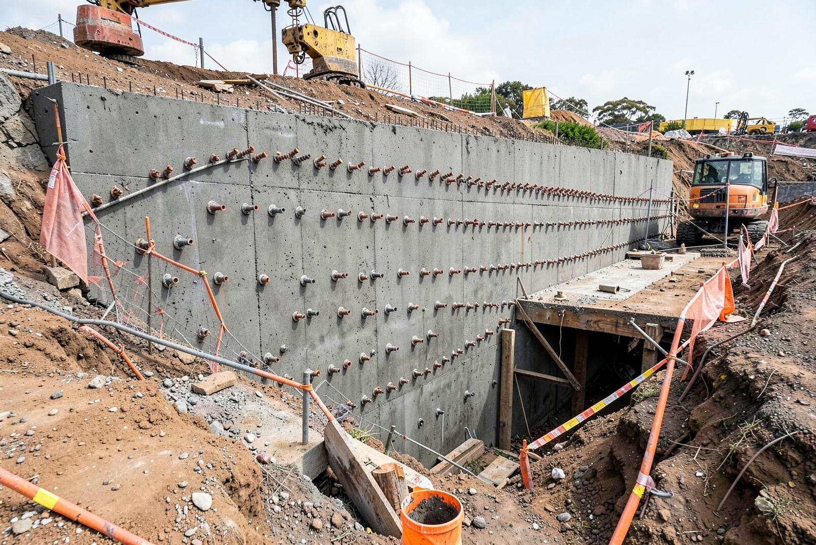 Shotcrete soil nail wall supporting a deep basement excavation