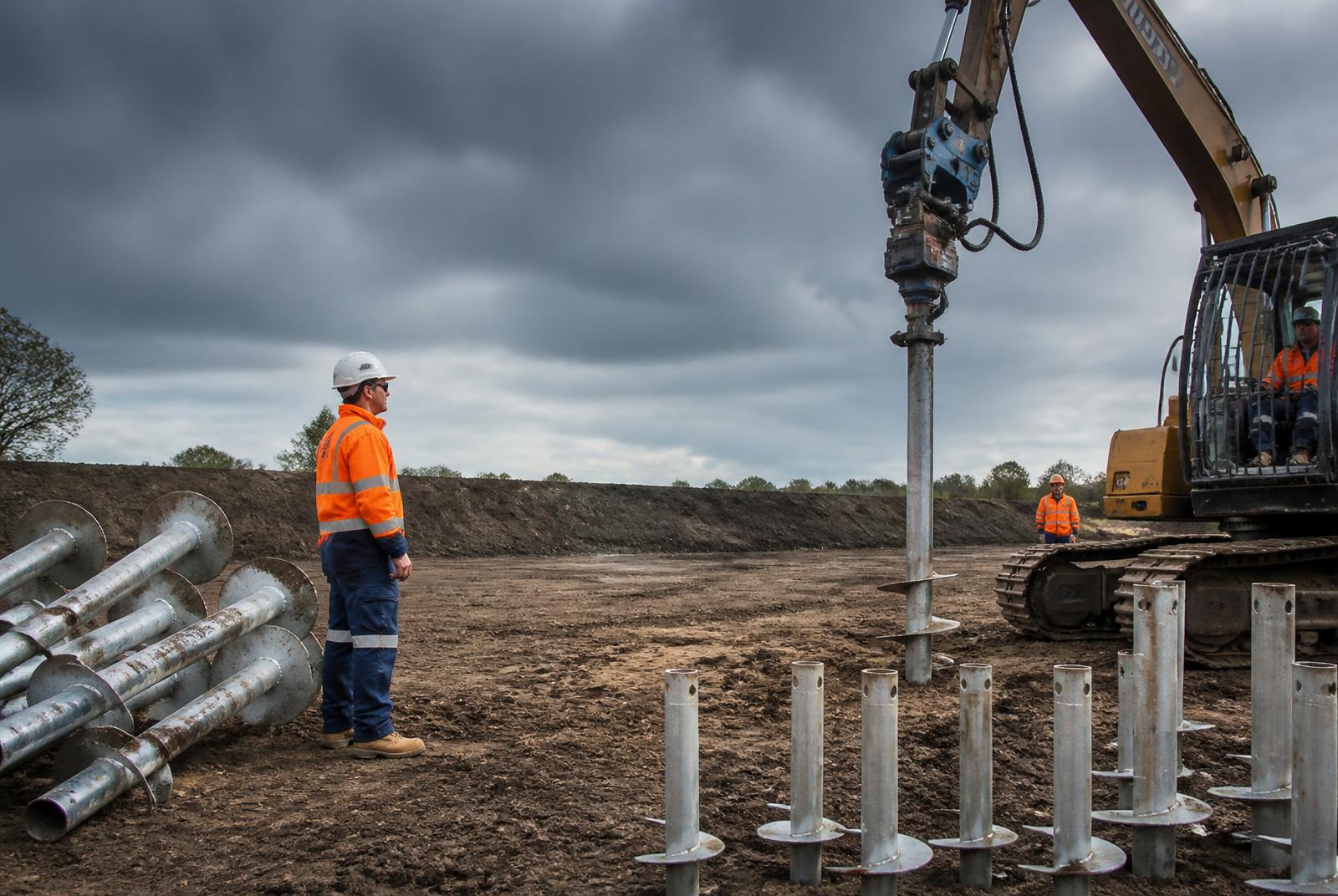 Helical screw piles being installed by a piling rig under engineering supervision on a civil construction site