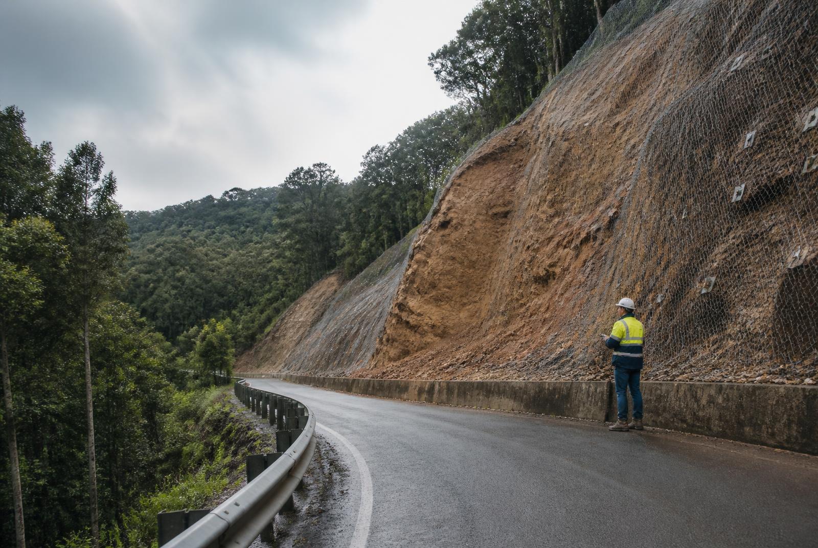 Geotechnical engineer assessing an unstable roadcut protected with engineered slope mesh and anchors