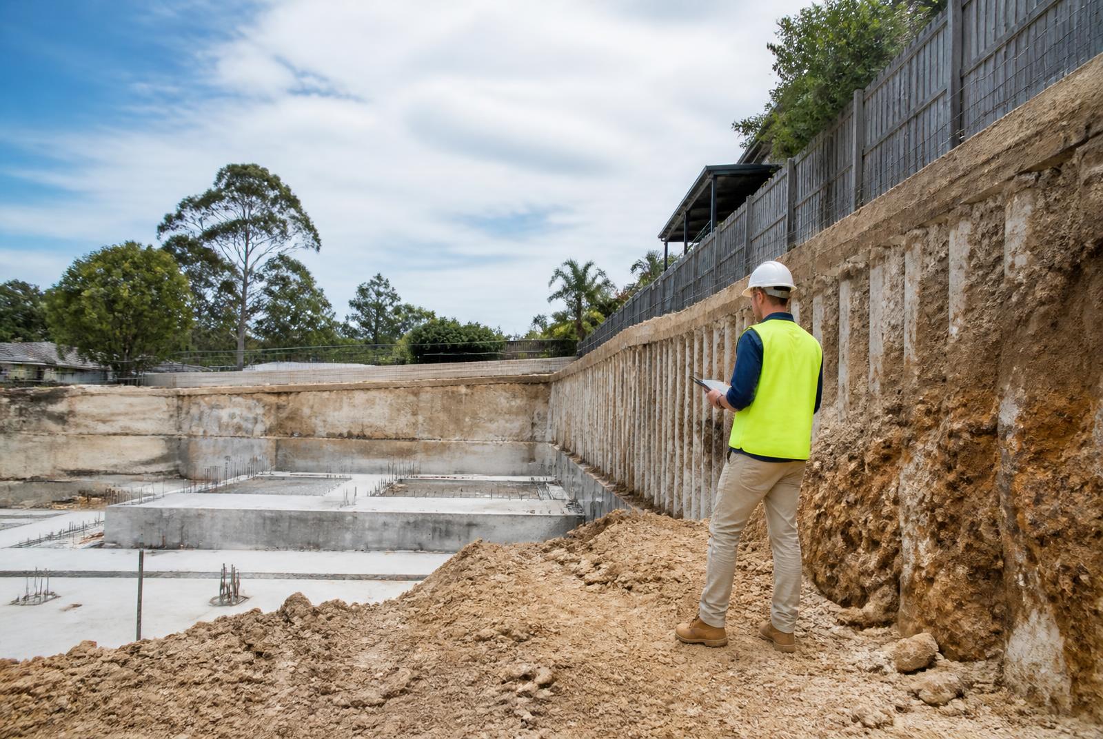 Geotechnical engineer in safety equipment inspecting foundation excavation and retaining works on site