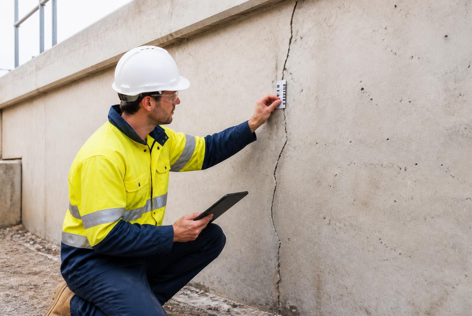 Engineer inspecting and measuring a crack in a concrete retaining wall during structural assessment